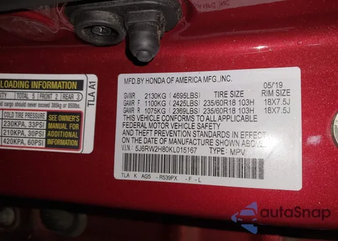 2019 Honda Cr-V Ex-L z USA, uszkodzony, nr VIN 5J6RW2H80KL015167